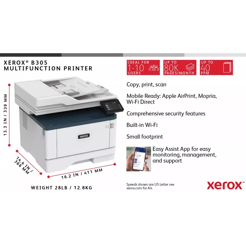 Xerox B305 A4 38 ppm Inalámbrica Dúplex Copia/Impresión/Escaneado PS3 PCL5e/6 2 bandejas 350 hojas