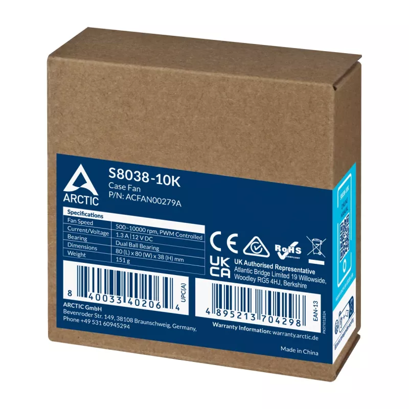 ARCTIC S8038-10K - Ventilador para servidor de 80 mm, ventilador, 8 cm, 173,3 m³/h, Negro