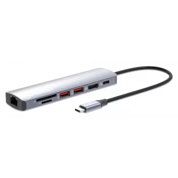 Dock/hub USB-C Manhattan con lector de tarjetas, conexiones (x5): Ethernet, HDMI, USB-A (x2) y USB-C, con Power Delivery (PD) 100 W – requiere cargador USB-C externo (no incluido). Alimentado por USB (no requiere fuente de alimentación externa) cuando no se utiliza PD