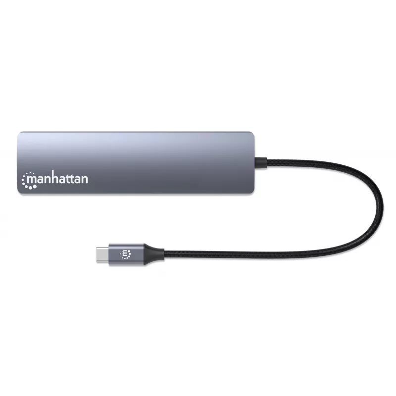 Dock/hub USB-C Manhattan con lector de tarjetas, conexiones (x5): Ethernet, HDMI, USB-A (x2) y USB-C, con Power Delivery (PD) 100 W – requiere cargador USB-C externo (no incluido). Alimentado por USB (no requiere fuente de alimentación externa) cuando no se utiliza PD