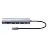 Dock/hub USB-C Manhattan con lector de tarjetas, conexiones (x5): Ethernet, HDMI, USB-A (x2) y USB-C, con Power Delivery (PD) 100 W – requiere cargador USB-C externo (no incluido). Alimentado por USB (no requiere fuente de alimentación externa) cuando no se utiliza PD