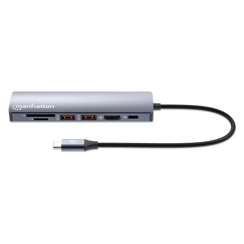 Dock/hub USB-C Manhattan con lector de tarjetas, conexiones (x5): Ethernet, HDMI, USB-A (x2) y USB-C, con Power Delivery (PD) 100 W – requiere cargador USB-C externo (no incluido). Alimentado por USB (no requiere fuente de alimentación externa) cuando no se utiliza PD