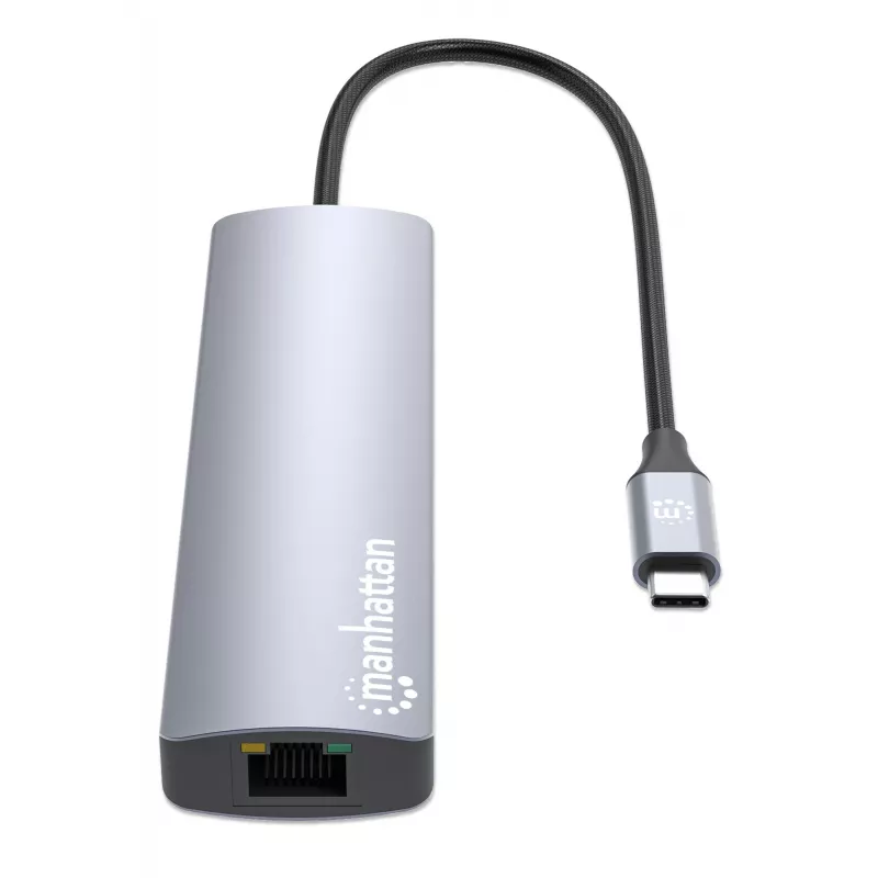 Dock/hub USB-C Manhattan con lector de tarjetas, conexiones (x5): Ethernet, HDMI, USB-A (x2) y USB-C, con Power Delivery (PD) 100 W – requiere cargador USB-C externo (no incluido). Alimentado por USB (no requiere fuente de alimentación externa) cuando no se utiliza PD