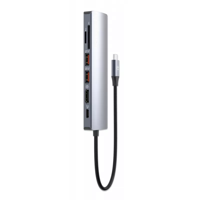 Dock/hub USB-C Manhattan con lector de tarjetas, conexiones (x5): Ethernet, HDMI, USB-A (x2) y USB-C, con Power Delivery (PD) 100 W – requiere cargador USB-C externo (no incluido). Alimentado por USB (no requiere fuente de alimentación externa) cuando no se utiliza PD