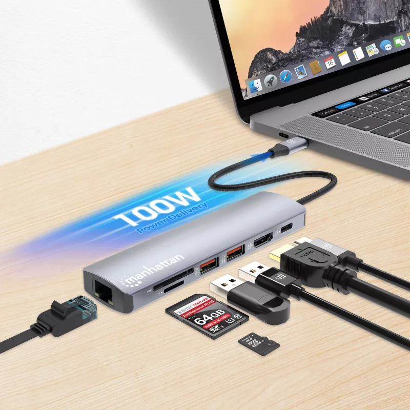Dock/hub USB-C Manhattan con lector de tarjetas, conexiones (x5): Ethernet, HDMI, USB-A (x2) y USB-C, con Power Delivery (PD) 100 W – requiere cargador USB-C externo (no incluido). Alimentado por USB (no requiere fuente de alimentación externa) cuando no se utiliza PD