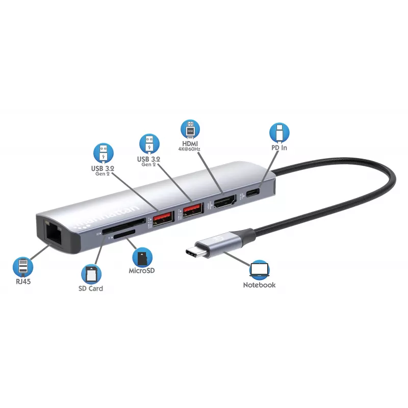 Dock/hub USB-C Manhattan con lector de tarjetas, conexiones (x5): Ethernet, HDMI, USB-A (x2) y USB-C, con Power Delivery (PD) 100 W – requiere cargador USB-C externo (no incluido). Alimentado por USB (no requiere fuente de alimentación externa) cuando no se utiliza PD