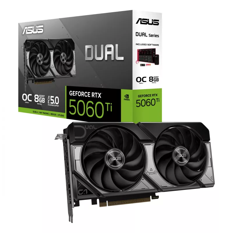 Tarjeta gráfica ASUS GeForce RTX 5060 Ti 8 GB GDDR7, PCIe 5.0, 128 bits, 2602 MHz boost, 2,5 slots, 229 mm