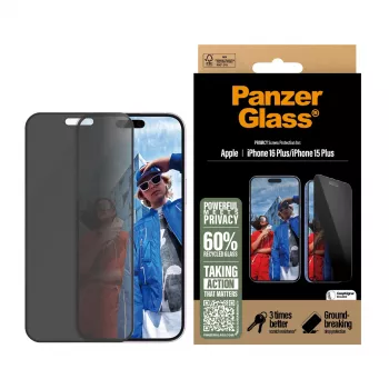 PanzerGlass® protector de pantalla con privacidad iPhone 16 Plus | 15 Plus | Ultra-Wide Fit con EasyAligner