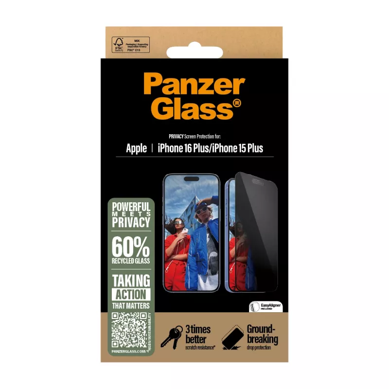PanzerGlass® protector de pantalla con privacidad iPhone 16 Plus | 15 Plus | Ultra-Wide Fit con EasyAligner