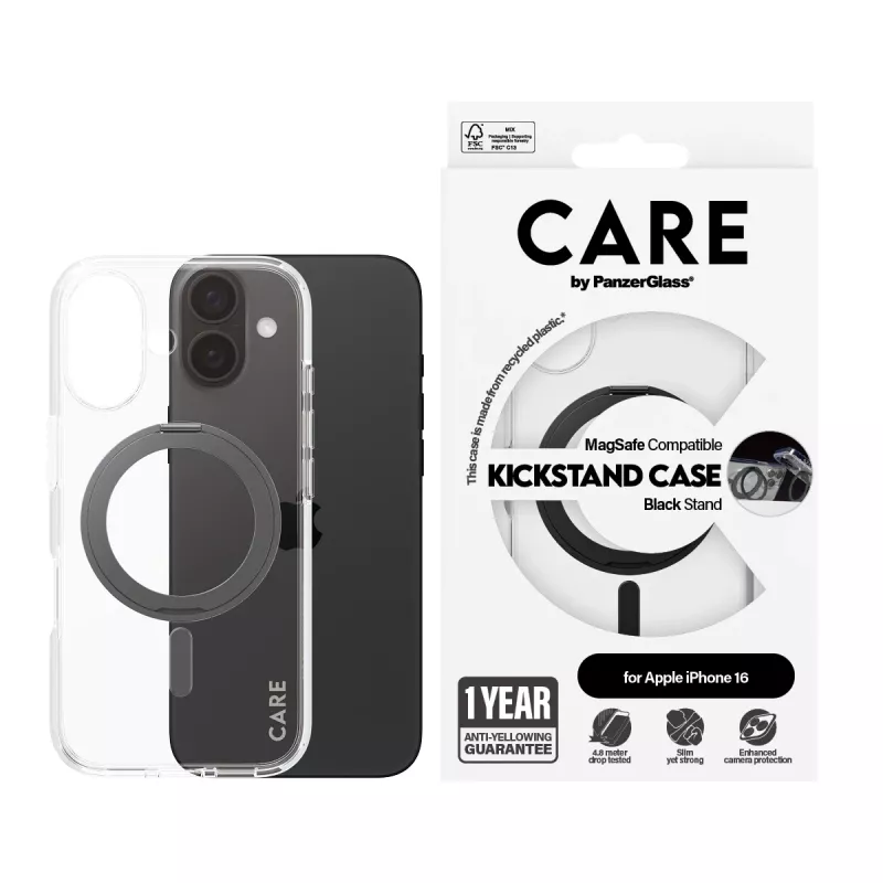 PanzerGlass CARE™ by ® funda transparente con soporte negro y MagSafe iPhone 16