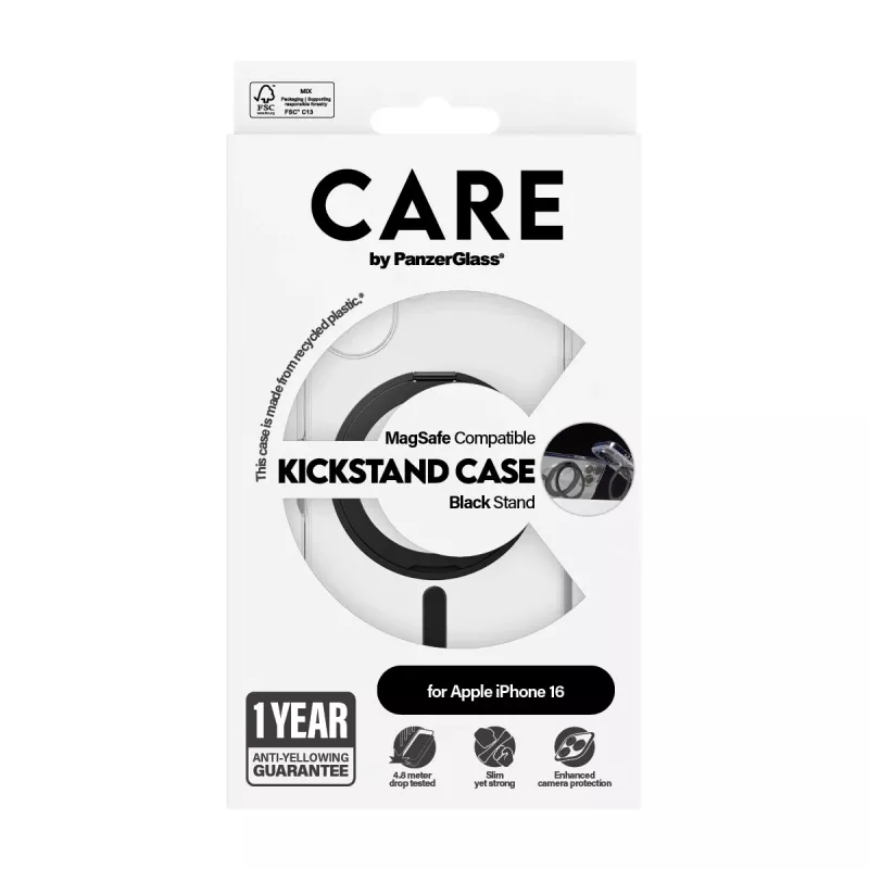 PanzerGlass CARE™ by ® funda transparente con soporte negro y MagSafe iPhone 16