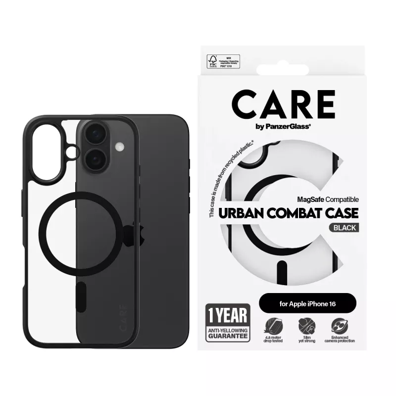 PanzerGlass CARE™ by ® Urban Combat funda transparente con marco negro y MagSafe iPhone 16