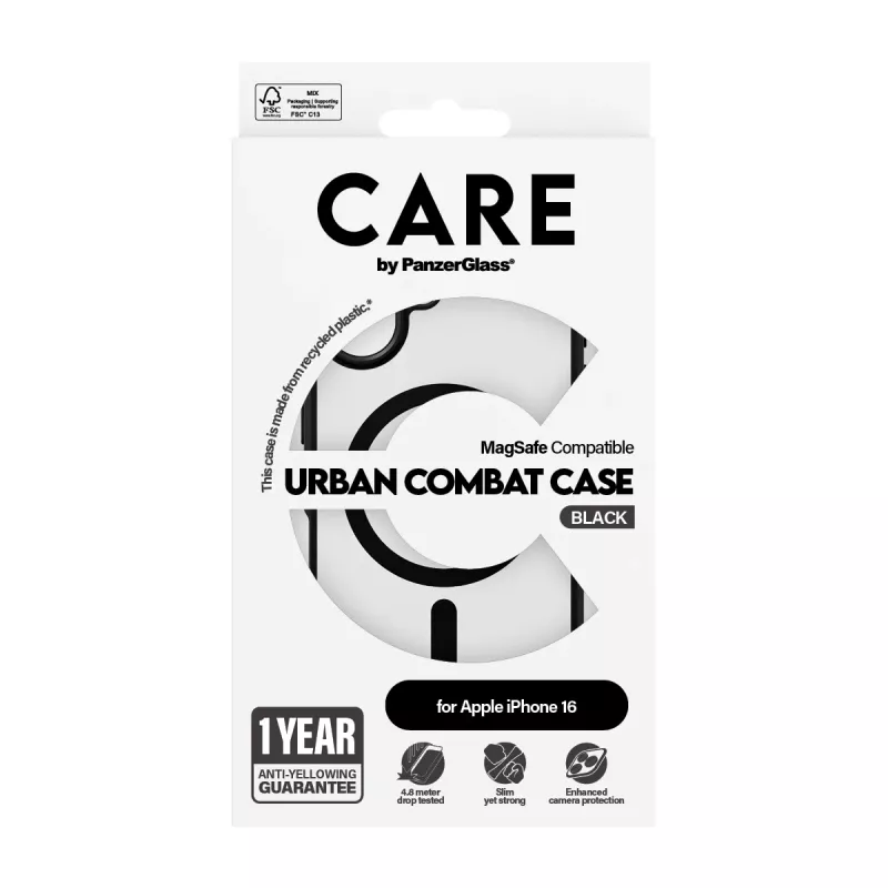PanzerGlass CARE™ by ® Urban Combat funda transparente con marco negro y MagSafe iPhone 16