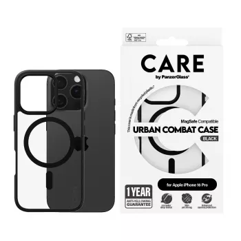 PanzerGlass CARE™ by ® Urban Combat funda transparente con marco negro y MagSafe iPhone 16 Pro