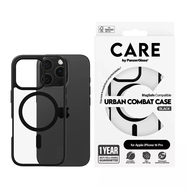PanzerGlass CARE™ by ® Urban Combat funda transparente con marco negro y MagSafe iPhone 16 Pro