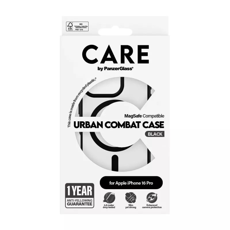 PanzerGlass CARE™ by ® Urban Combat funda transparente con marco negro y MagSafe iPhone 16 Pro