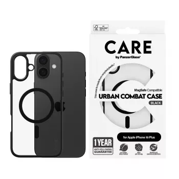 PanzerGlass CARE™ by ® Urban Combat funda transparente con marco negro y MagSafe para iPhone 16 Plus
