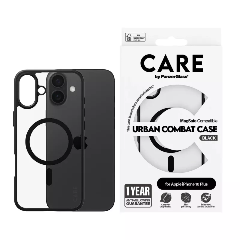 PanzerGlass CARE™ by ® Urban Combat funda transparente con marco negro y MagSafe para iPhone 16 Plus