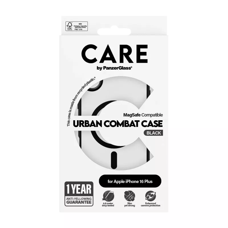 PanzerGlass CARE™ by ® Urban Combat funda transparente con marco negro y MagSafe para iPhone 16 Plus