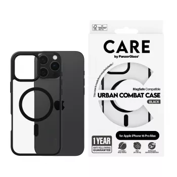 PanzerGlass CARE™ by ® Urban Combat funda transparente con marco negro y MagSafe para iPhone 16 Pro Max