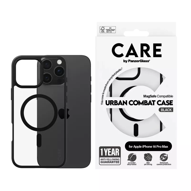 PanzerGlass CARE™ by ® Urban Combat funda transparente con marco negro y MagSafe para iPhone 16 Pro Max