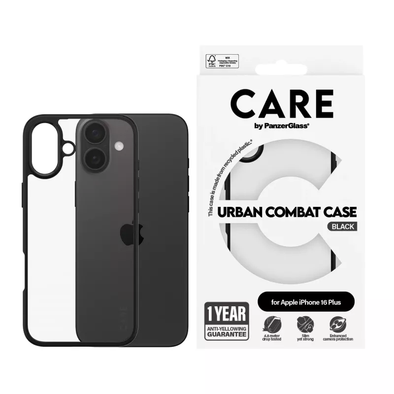 PanzerGlass CARE™ by ® Urban Combat funda transparente con marco negro iPhone 16 Plus