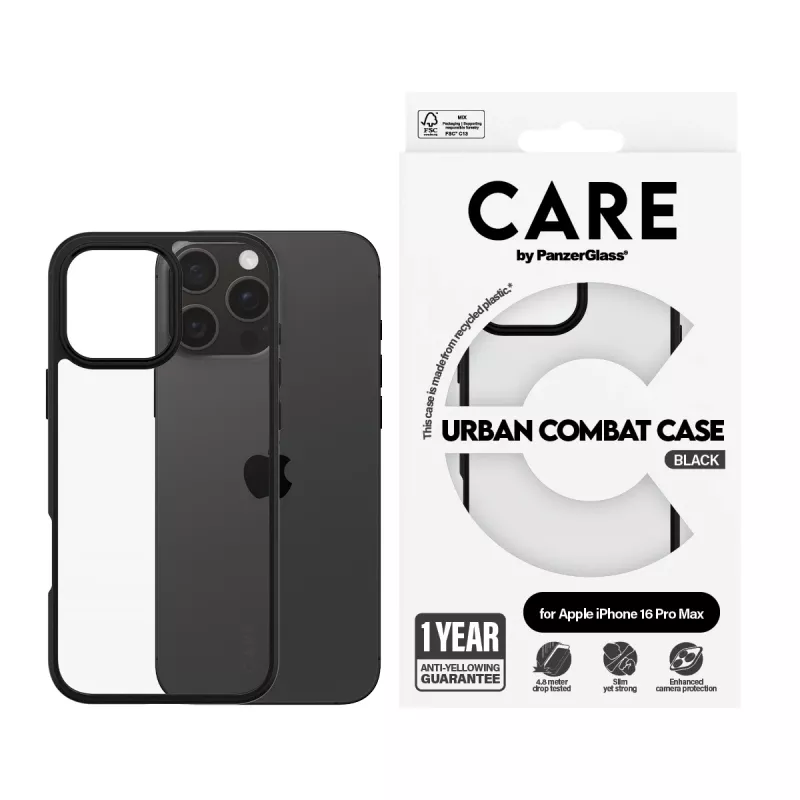 PanzerGlass CARE™ by ® Urban Combat funda transparente con marco negro iPhone 16 Pro Max