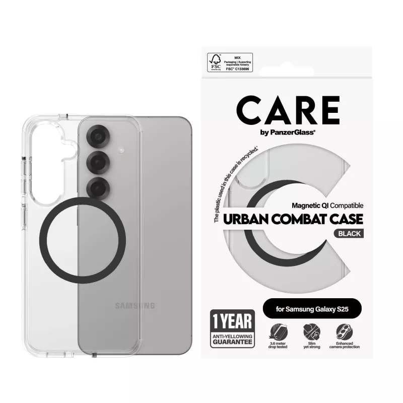 PanzerGlass CARE™ by ® Urban Combat funda transparente con negro compatible con Qi Samsung Galaxy S25