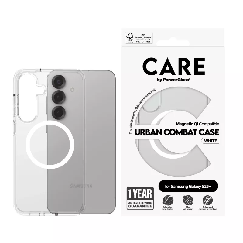 PanzerGlass CARE™ by ® Urban Combat funda, transparente, con blanco, compatible con Qi para Samsung Galaxy S25+
