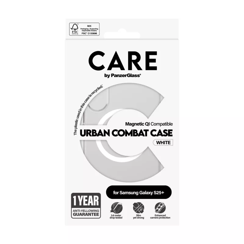 PanzerGlass CARE™ by ® Urban Combat funda, transparente, con blanco, compatible con Qi para Samsung Galaxy S25+