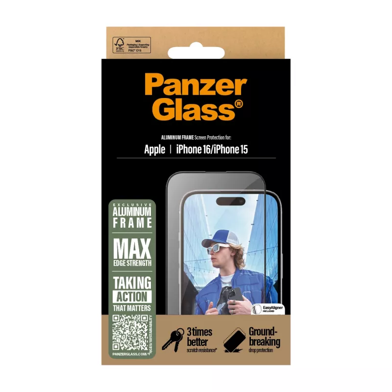 PanzerGlass ® protector de pantalla marco de aluminio iPhone 16 | 15 | Ultra-Wide Fit