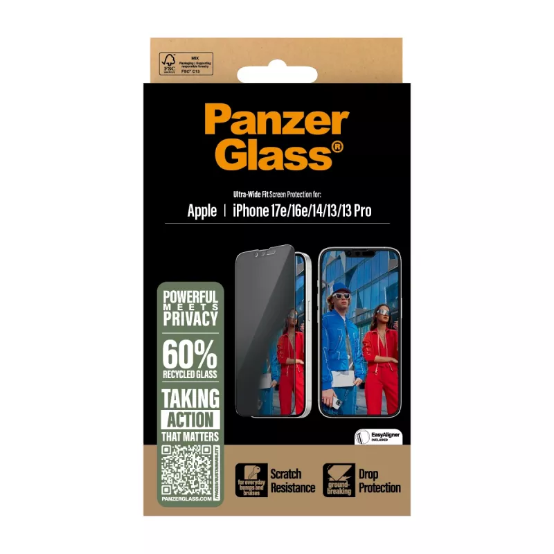 PanzerGlass ® protector de pantalla con privacidad iPhone 17e | 16e | 14 | 13 | 13 Pro | Ultra-Wide Fit con EasyAligner