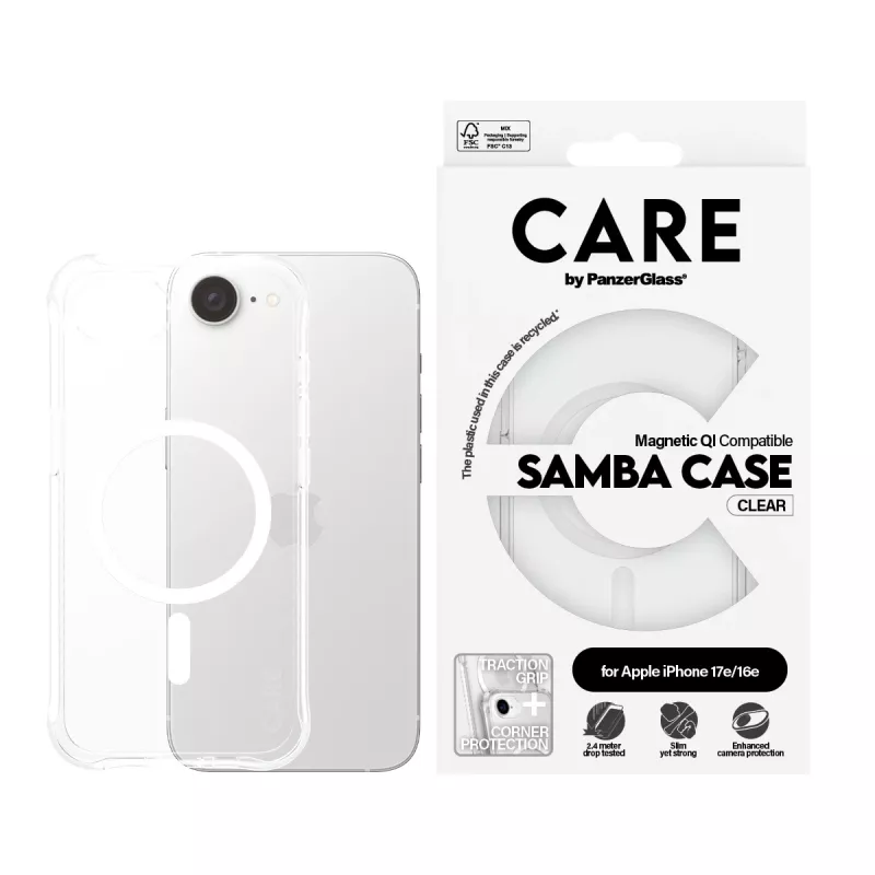PanzerGlass CARE™ by ® Samba funda transparente con blanco compatible con Qi iPhone 17e | 16e