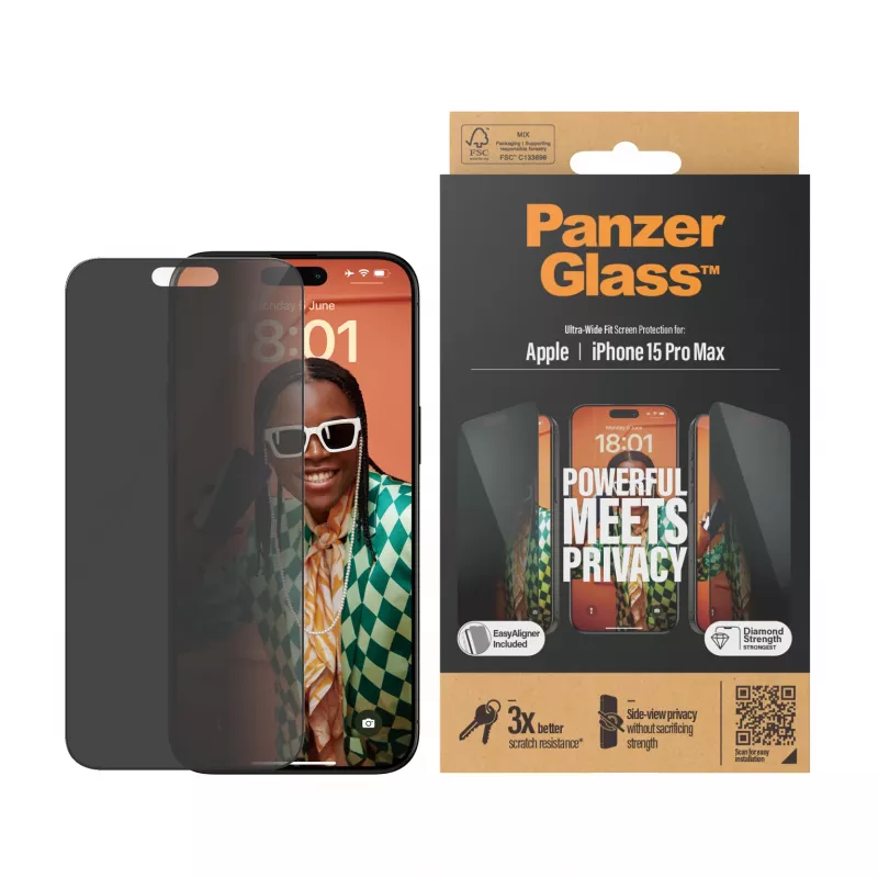 PanzerGlass ® protector de pantalla con privacidad iPhone 15 Pro Max | Ultra-Wide Fit con EasyAligner