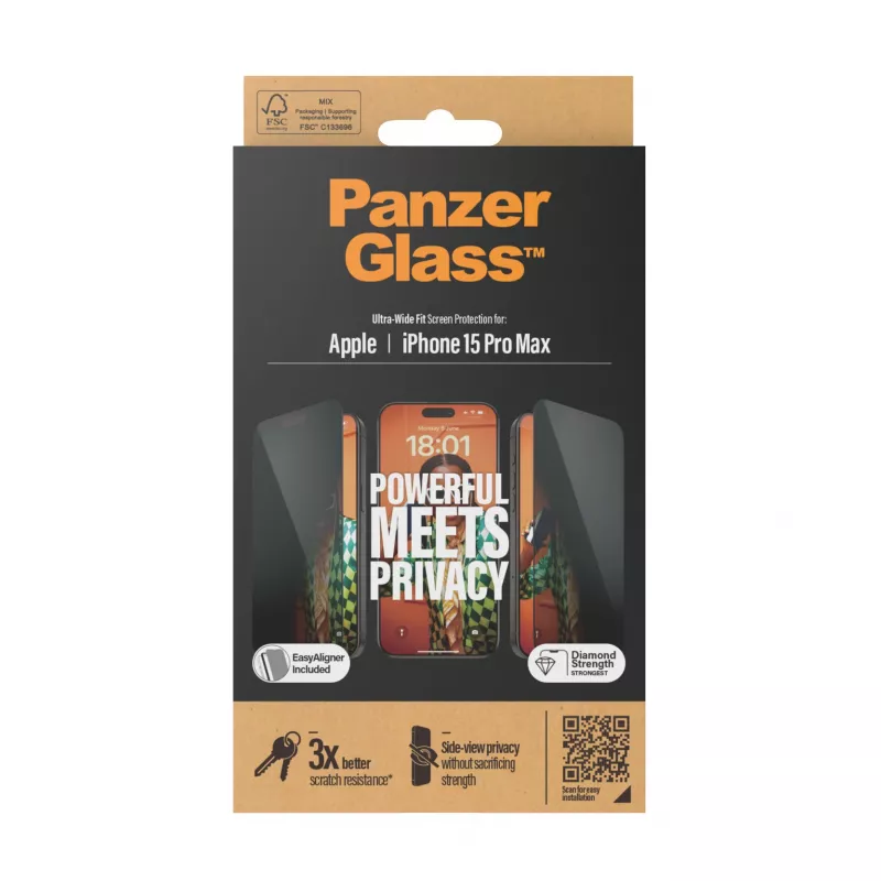 PanzerGlass ® protector de pantalla con privacidad iPhone 15 Pro Max | Ultra-Wide Fit con EasyAligner