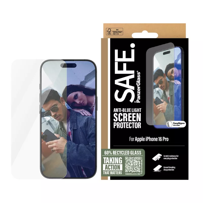 PanzerGlass SAFE. by ® Anti-Blue Light protector de pantalla iPhone 16 Pro | Ultra-Wide Fit