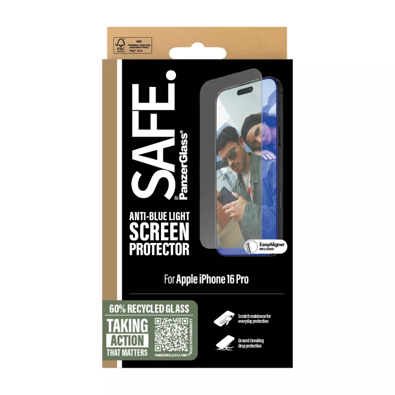 PanzerGlass SAFE. by ® Anti-Blue Light protector de pantalla iPhone 16 Pro | Ultra-Wide Fit