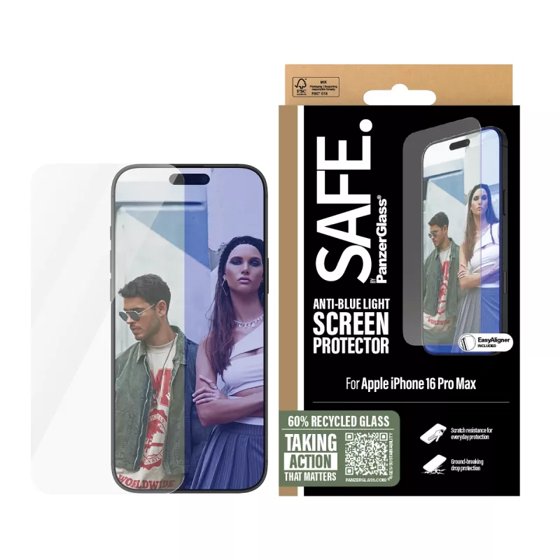 PanzerGlass SAFE. by ® Anti-Blue Light protector de pantalla iPhone 16 Pro Max | Ultra-Wide Fit