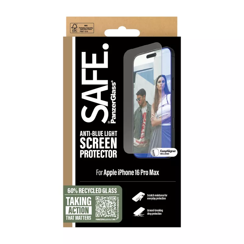 PanzerGlass SAFE. by ® Anti-Blue Light protector de pantalla iPhone 16 Pro Max | Ultra-Wide Fit