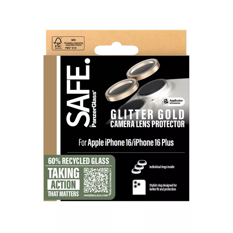 PanzerGlass SAFE. by ® protector de objetivo de cámara Glitter Gold iPhone 16 | 16 Plus