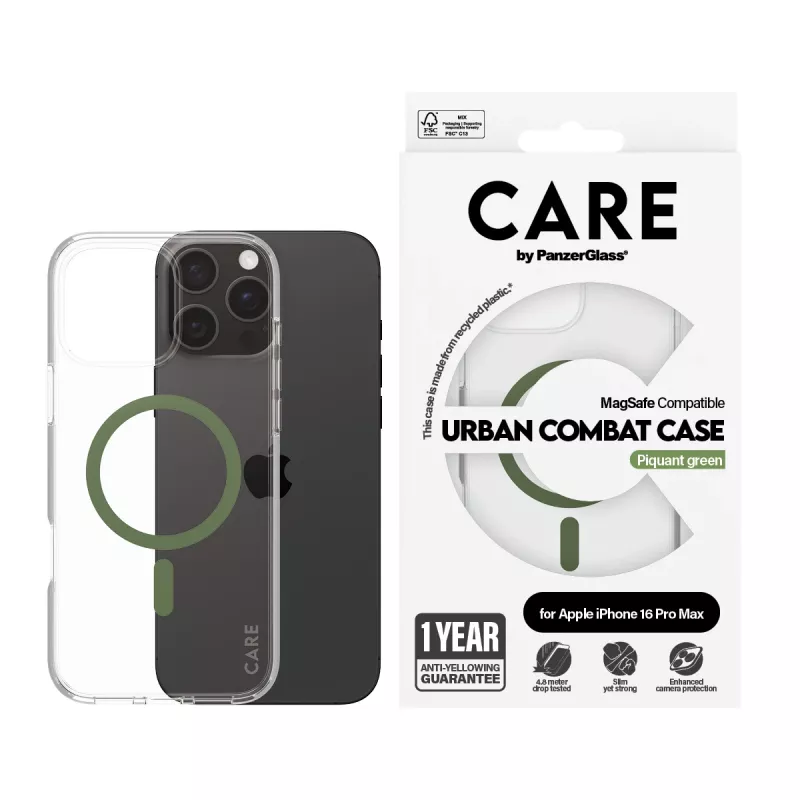 PanzerGlass CARE™ by ® Urban Combat funda transparente con MagSafe verde para iPhone 16 Pro Max