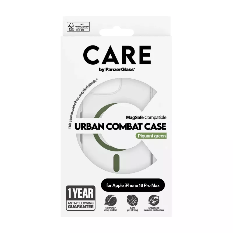 PanzerGlass CARE™ by ® Urban Combat funda transparente con MagSafe verde para iPhone 16 Pro Max