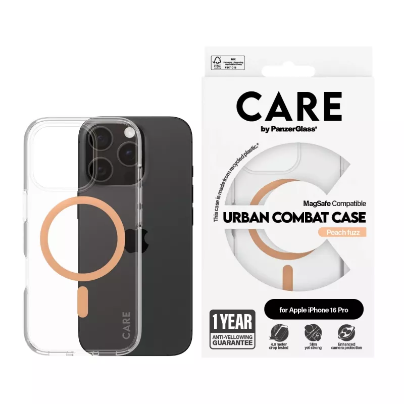 PanzerGlass CARE™ by ® Urban Combat funda transparente con MagSafe Peachy iPhone 16 Pro