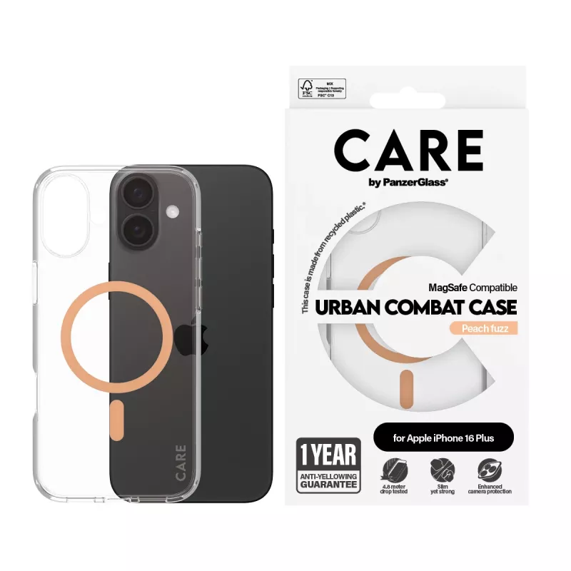 PanzerGlass CARE™ by ® Urban Combat funda transparente con MagSafe Peachy iPhone 16 Plus