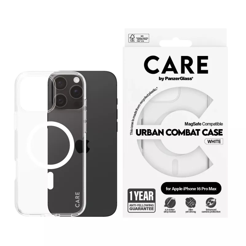 PanzerGlass CARE™ by ® Urban Combat funda transparente con MagSafe blanco para iPhone 16 Pro Max
