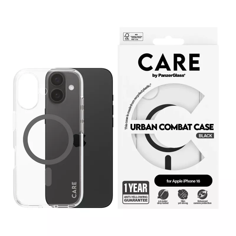 PanzerGlass CARE™ by ® Urban Combat funda transparente con MagSafe negro para iPhone 16