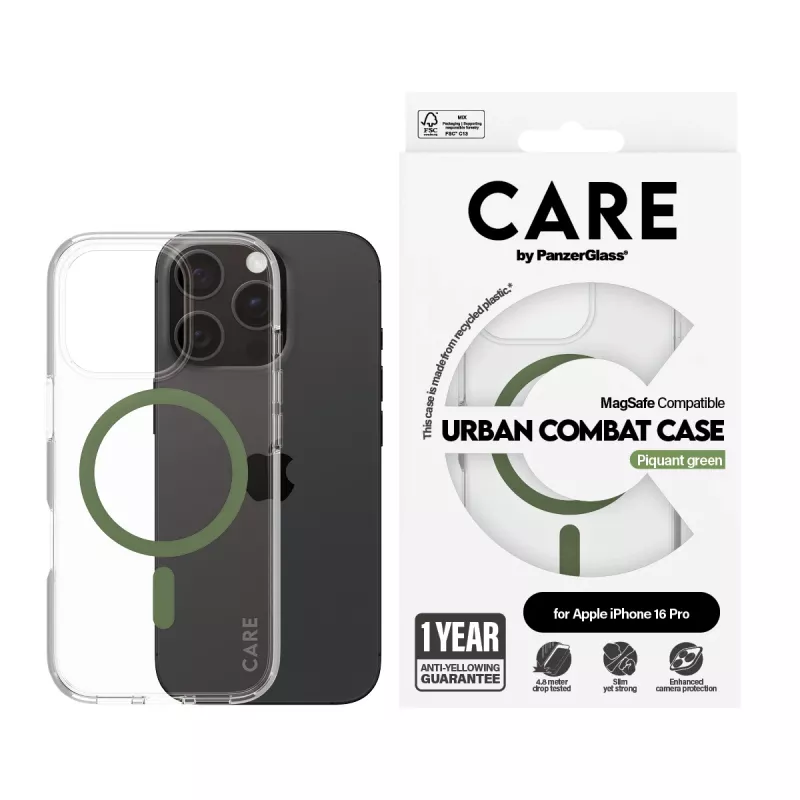 PanzerGlass CARE™ by ® Urban Combat funda transparente con MagSafe verde iPhone 16 Pro