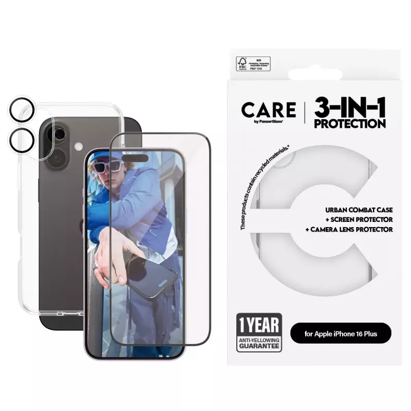 PanzerGlass ® | CARE by ® Flagship pack 3 en 1 iPhone 16 Plus