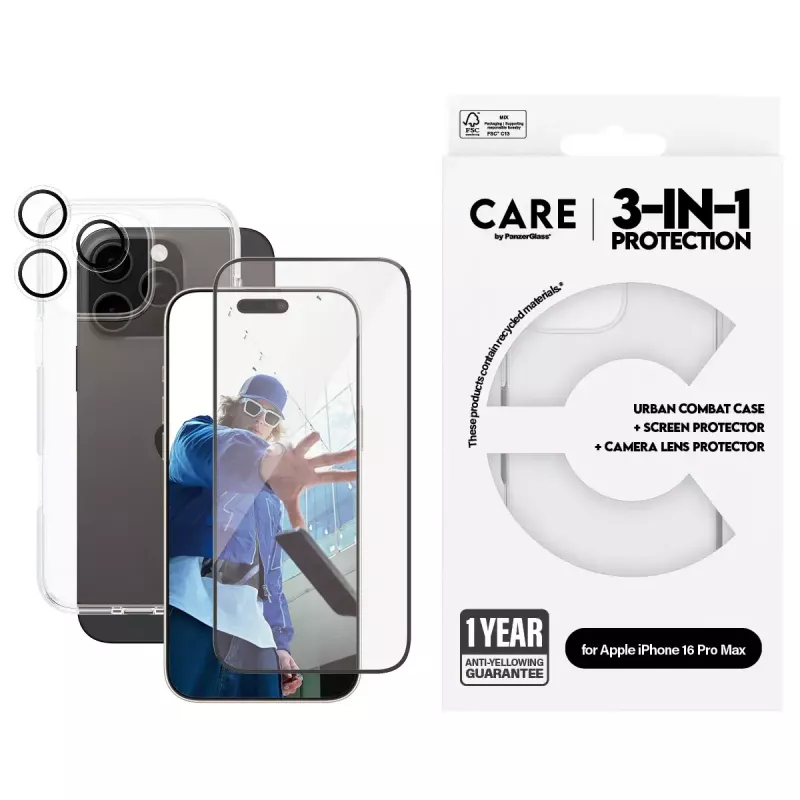 PanzerGlass ® | CARE by ® Flagship pack 3 en 1 iPhone 16 Pro Max