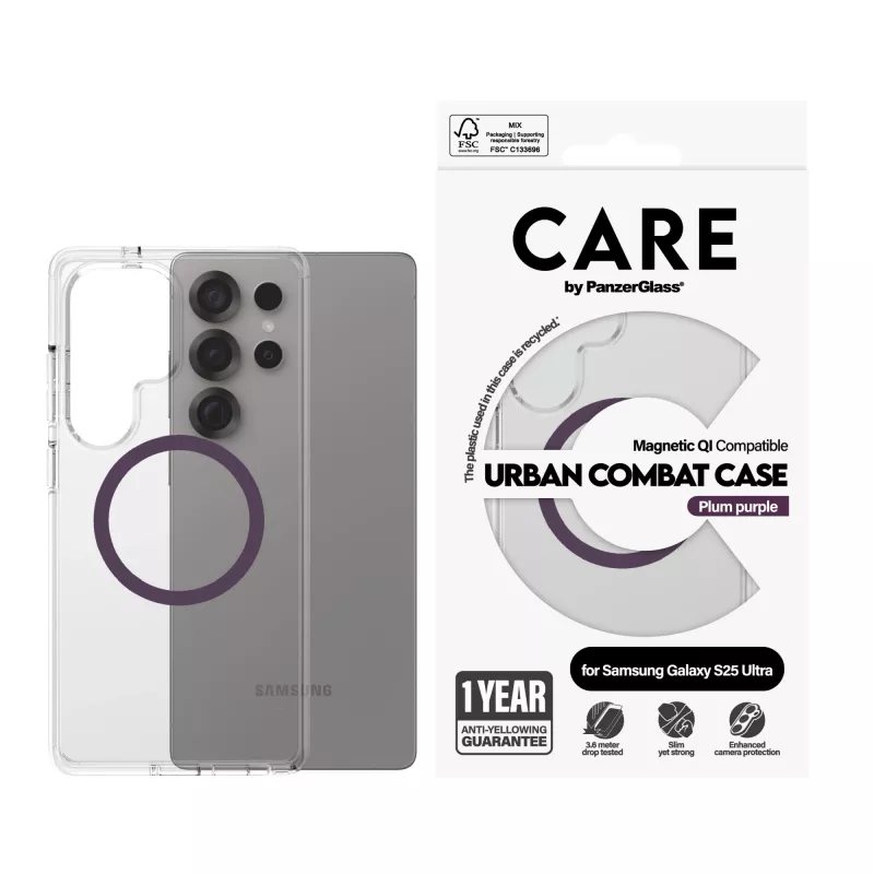 PanzerGlass CARE™ by ® Urban Combat funda transparente con ciruela morado compatible con Qi Samsung Galaxy S25 Ultra